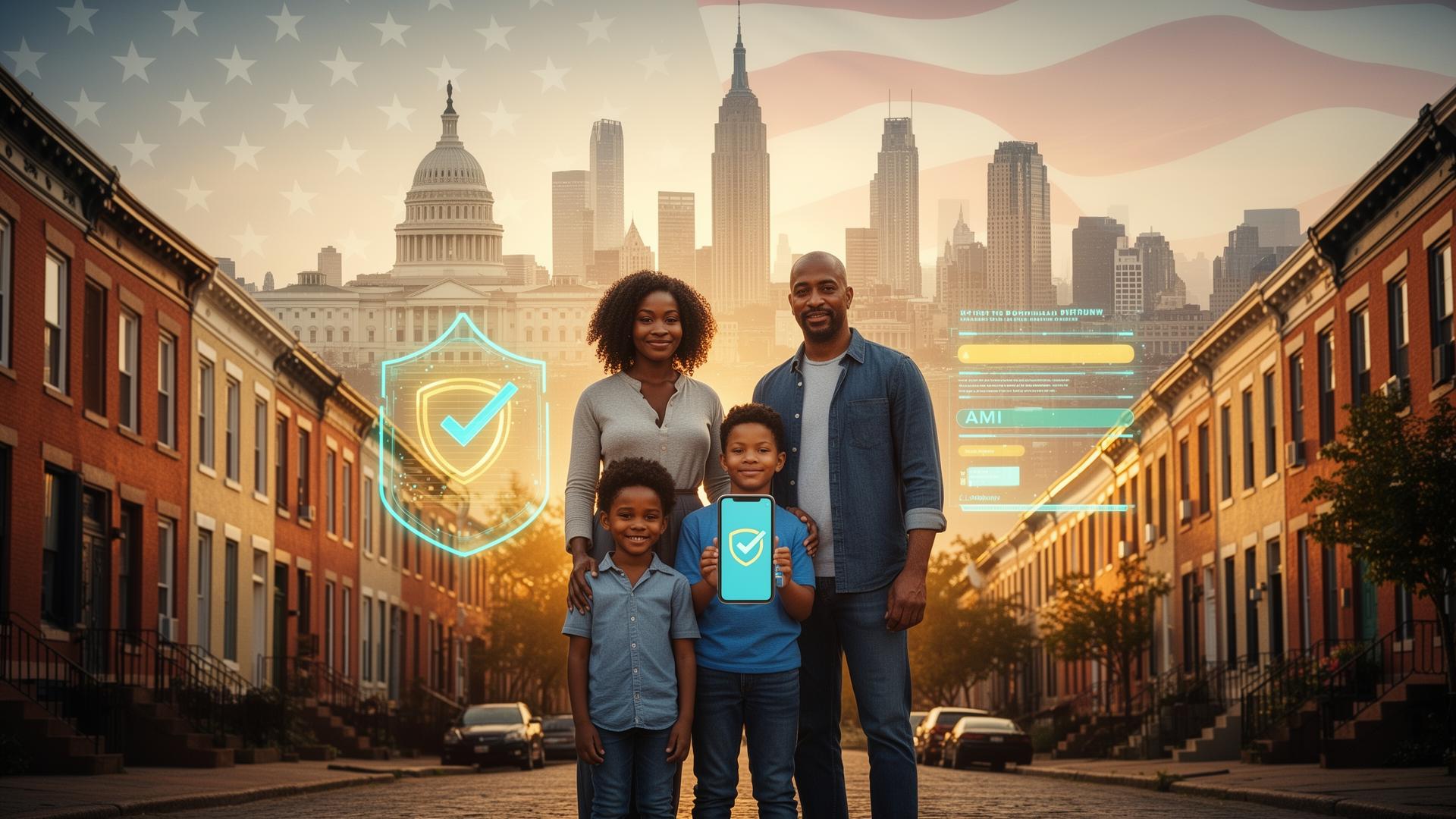 A family in a Baltimore neighborhood with the U.S. Capitol and American city skyline, representing the vision for Public Housing Authorities nationwide