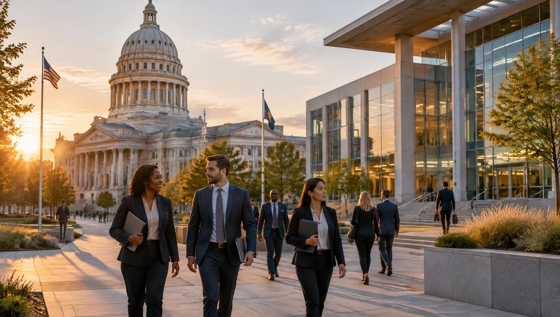 Public-sector professionals between a state capitol and a modern government services building