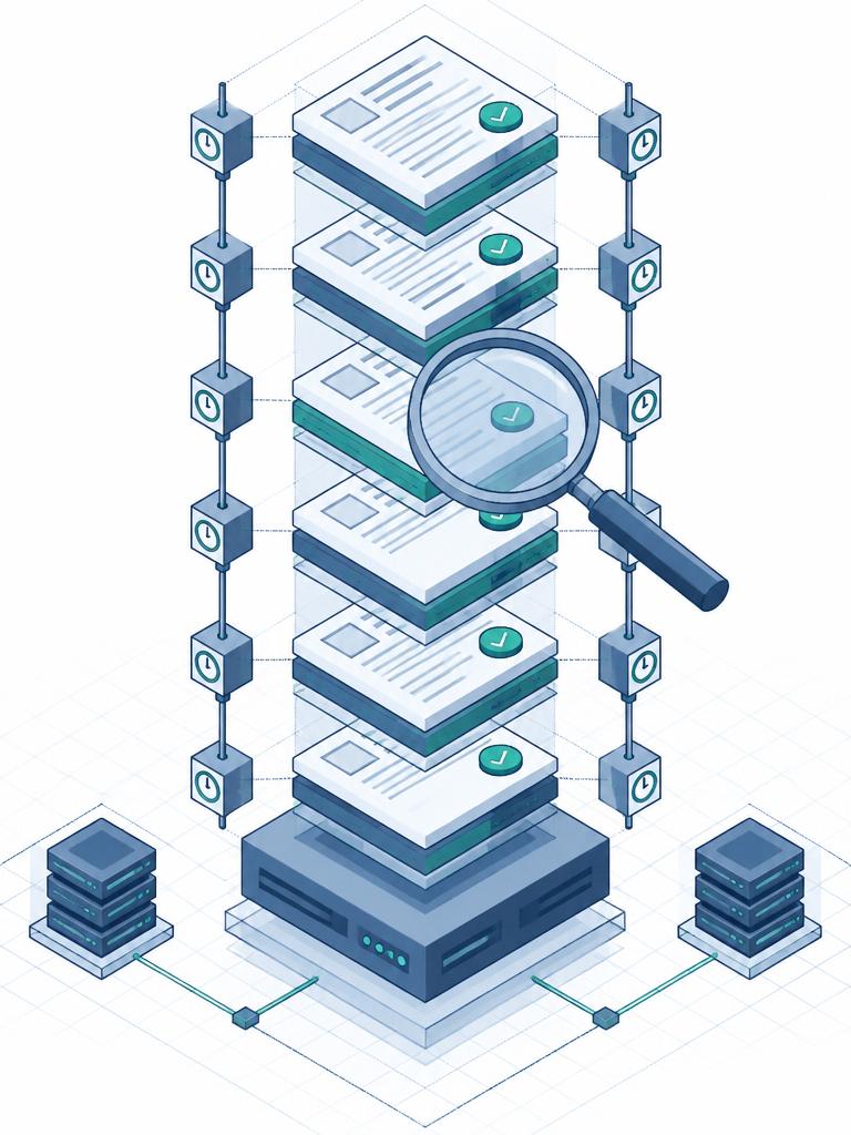 Isometric audit ledger with timestamped records and review seals