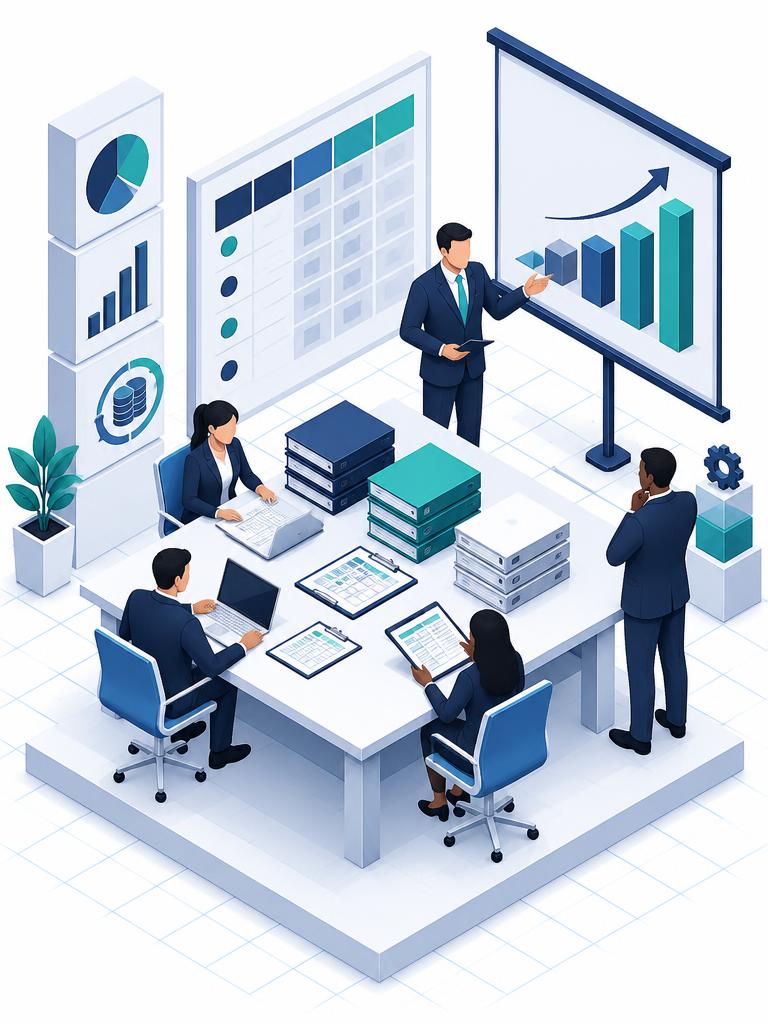 Isometric procurement evaluation room with proposal binders and scoring matrix