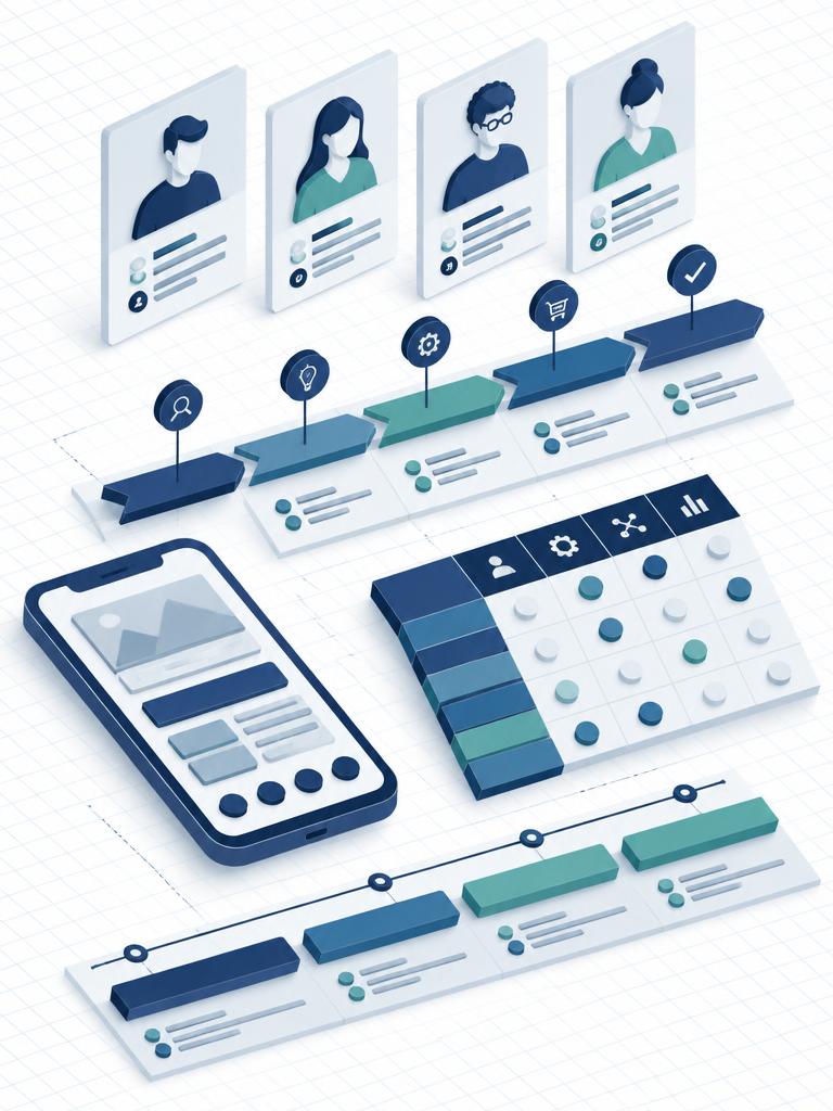 Isometric UX and CX package with personas, journeys, and roadmap