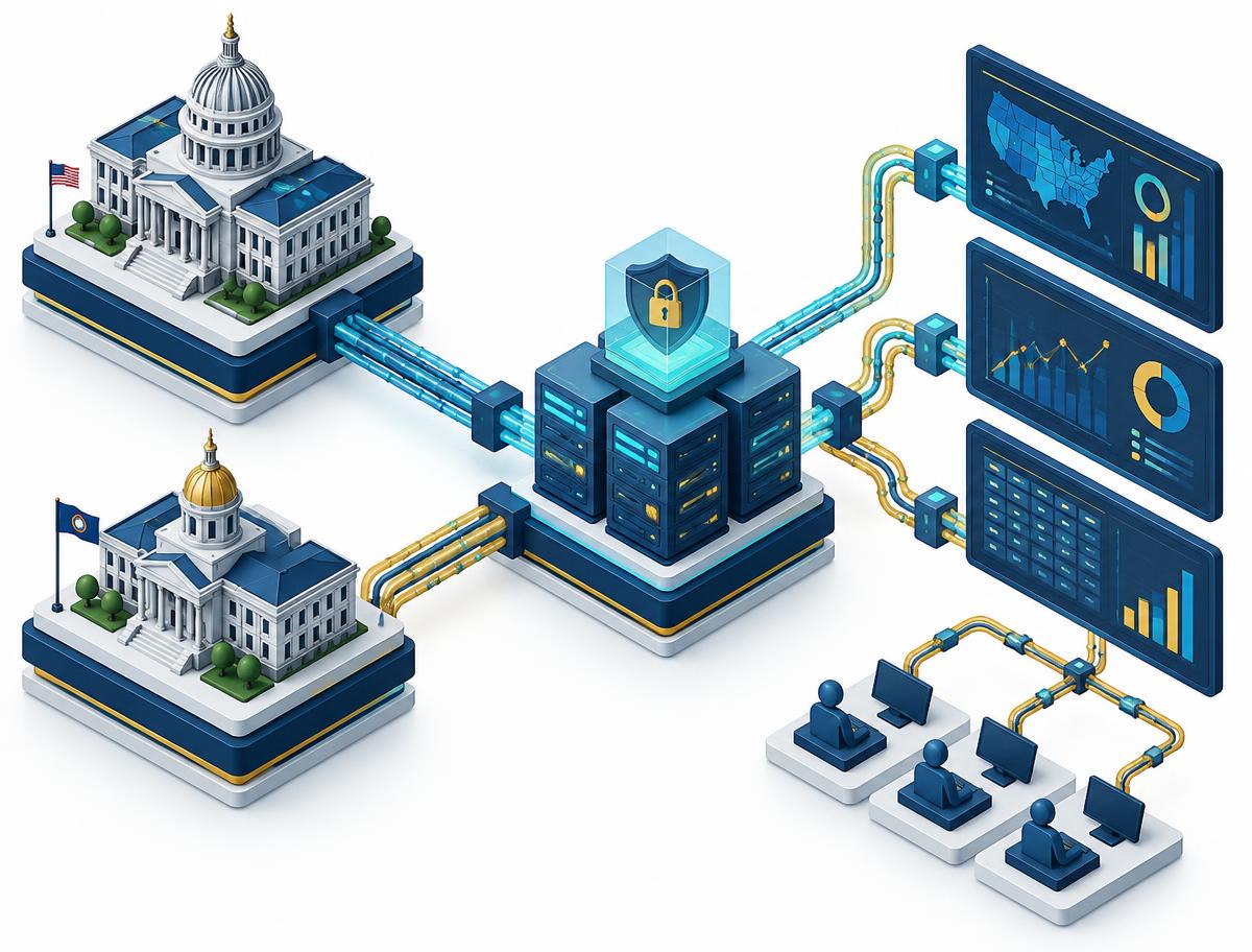 Isometric diagram of federal and state agency systems connected to secure data services