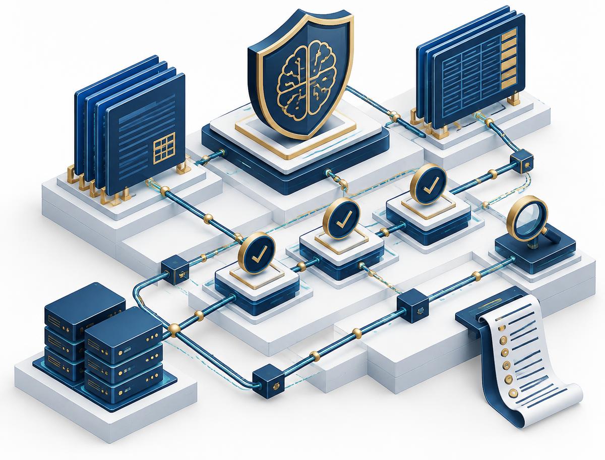 Isometric diagram of AI governance controls, review checkpoints, and an audit ledger