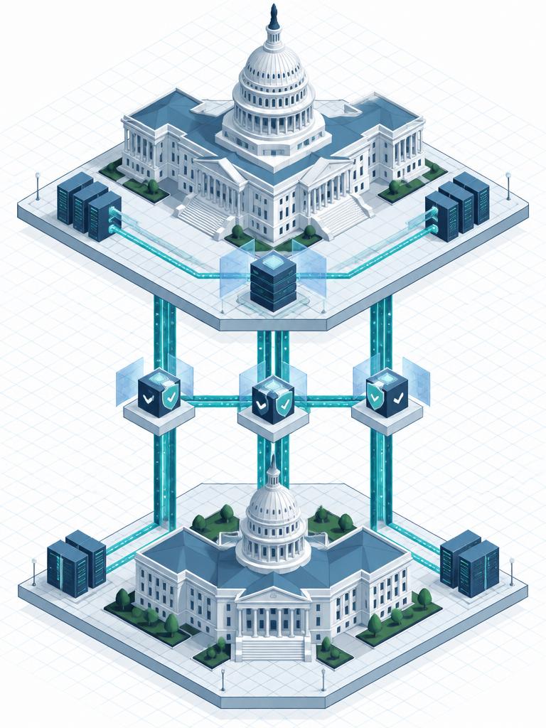 Isometric diagram of federal and state program tiers connected by approval checkpoints